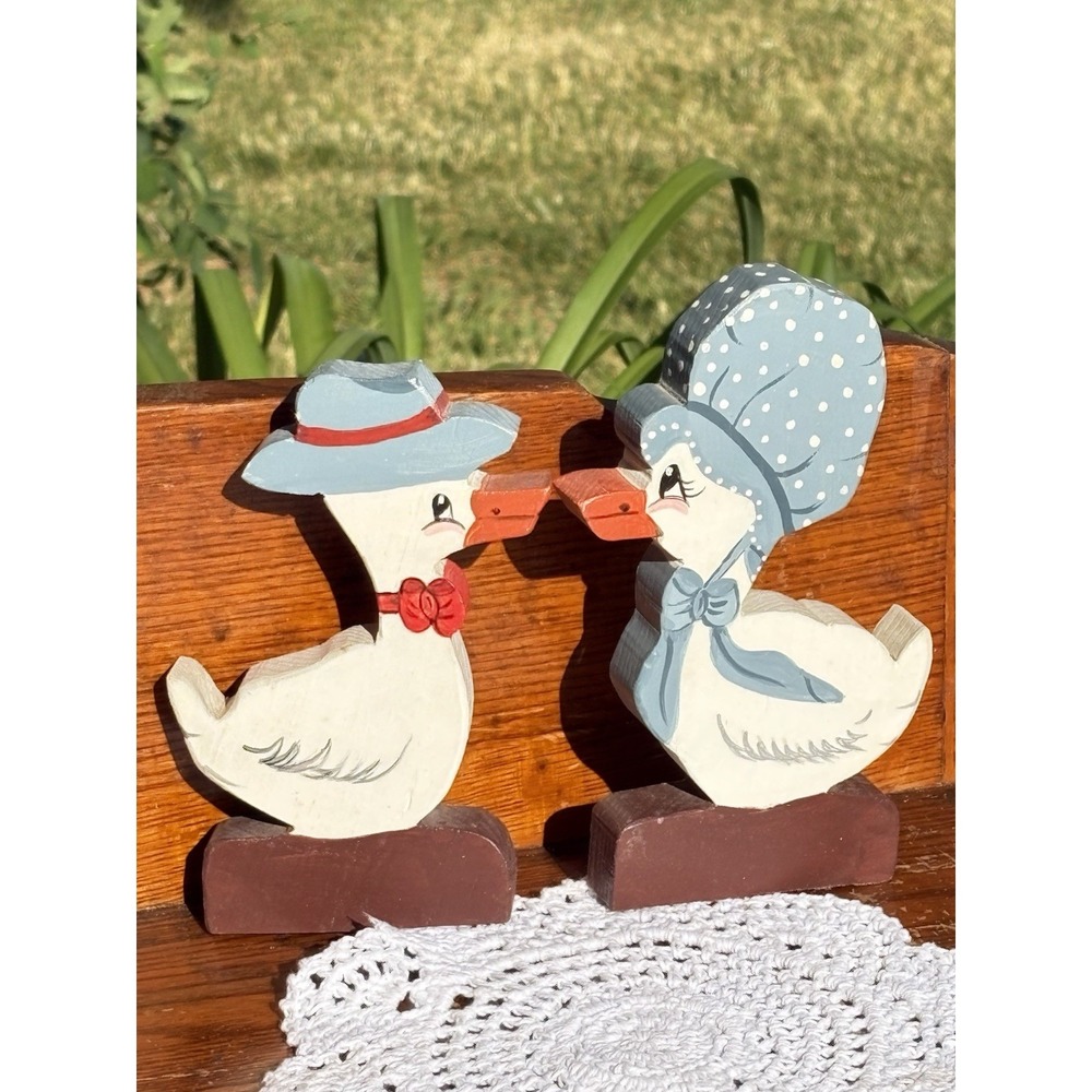 Two Small Hand Painted Wooden Geese Ducks Folk Art Country Decor Shelf Sitter